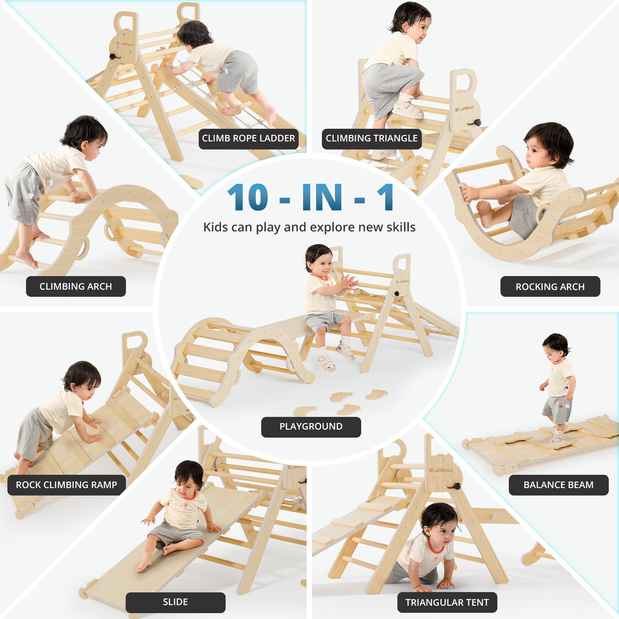 Ramble- Juego triangular Pikler BlueWood® con escalera de cuerda *Tono madera
